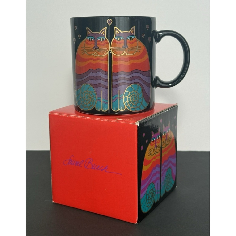 VINTAGE Laurel Burch Rainbow Cats Black 1986 Coffee Mug 16oz Japan NEW w/ Box